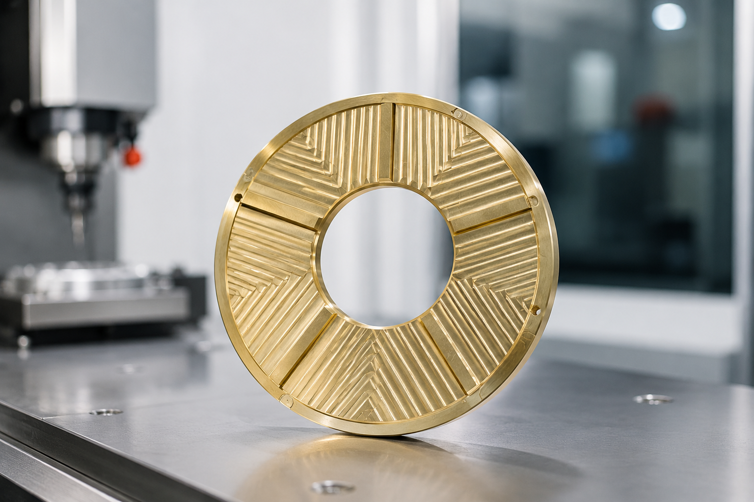 Pocketed annular brass component with machined hole pattern