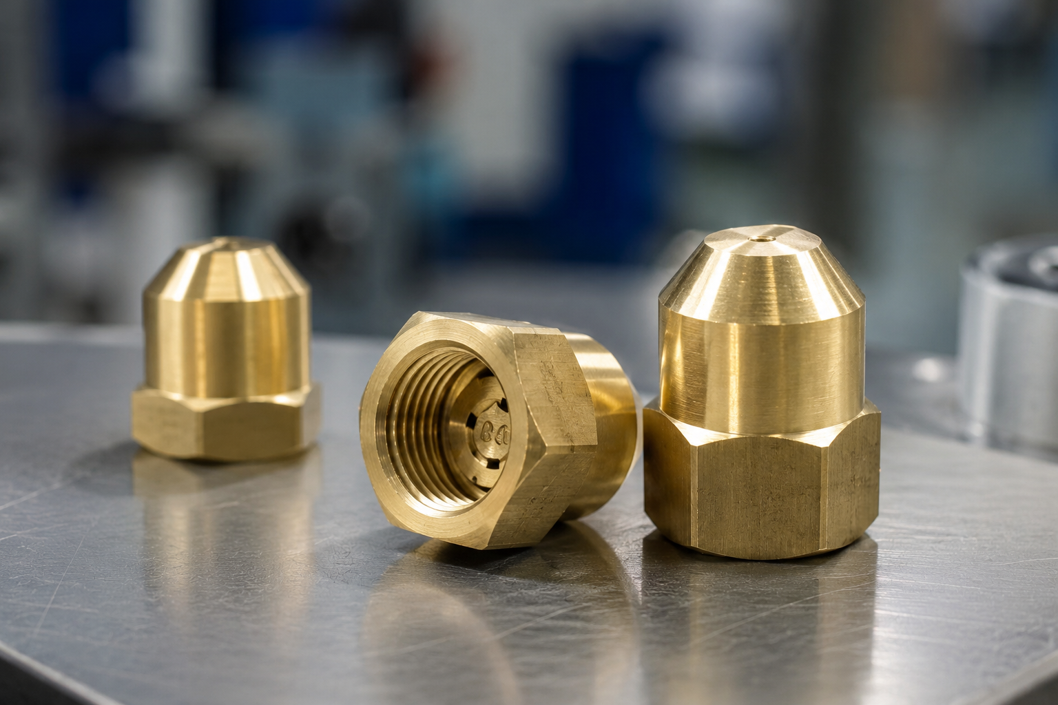 Small threaded brass machined component with hexagonal body