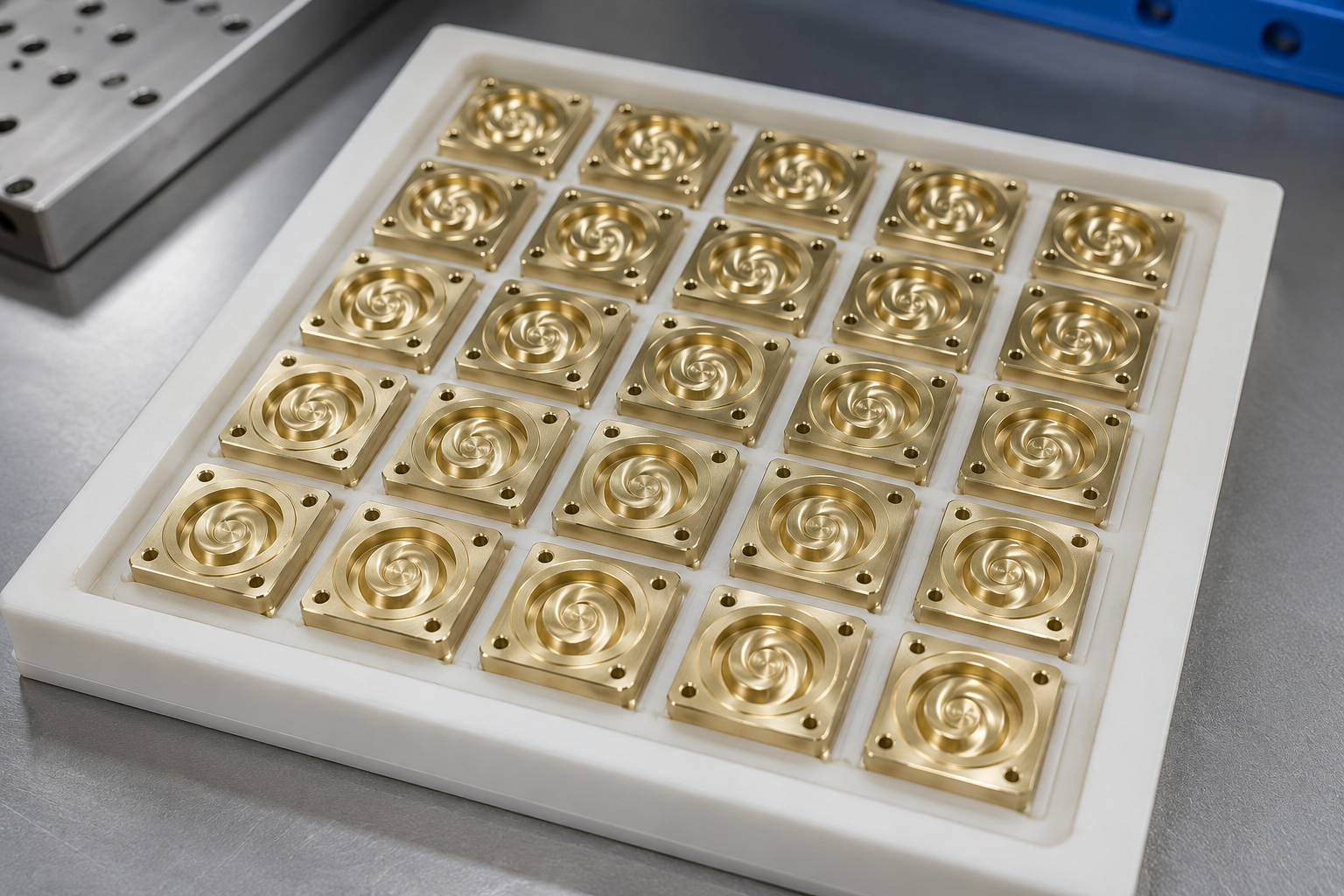 Batch of repeated square brass machined parts