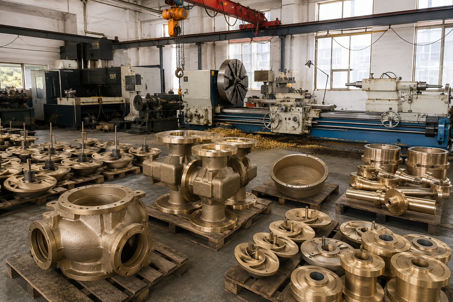 Client-supplied factory photo showing a large lathe and bronze valve or pump bodies