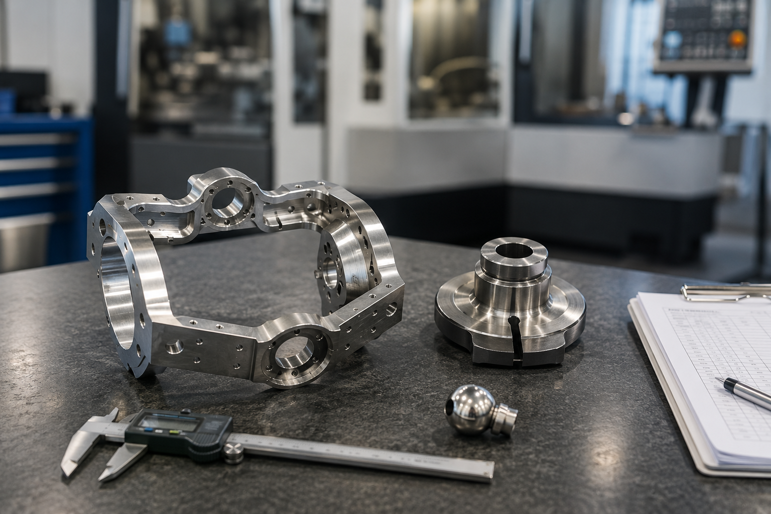 Two polished machined metal components with turned and milled features