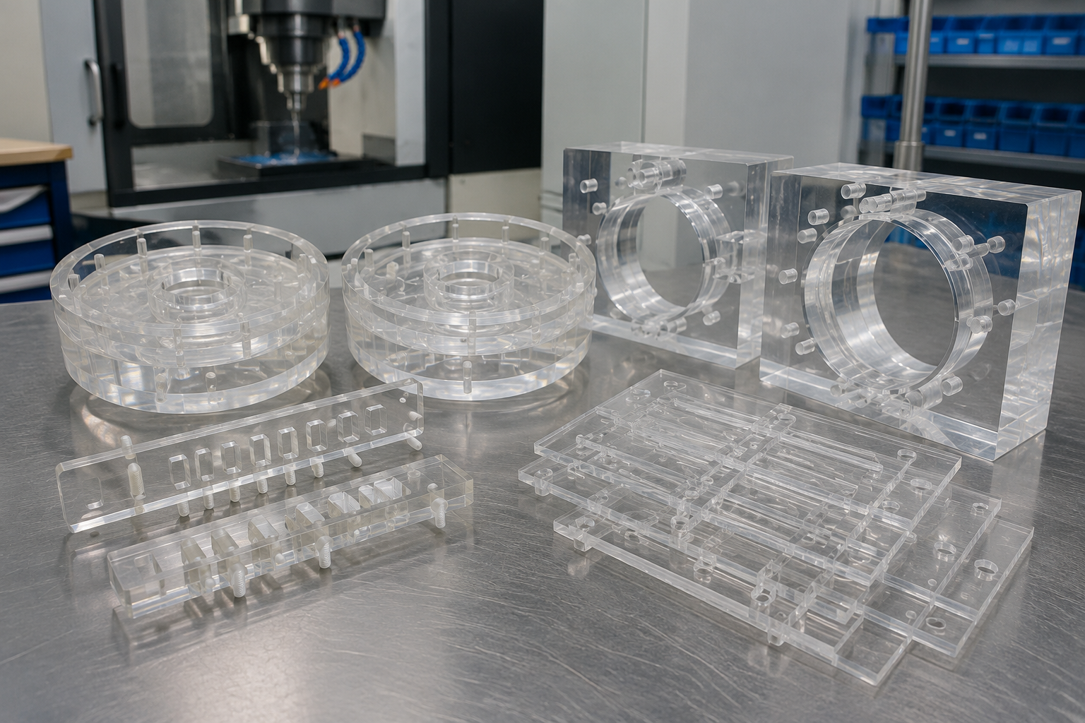 Acrylic (PMMA) CNC machined part on industrial background