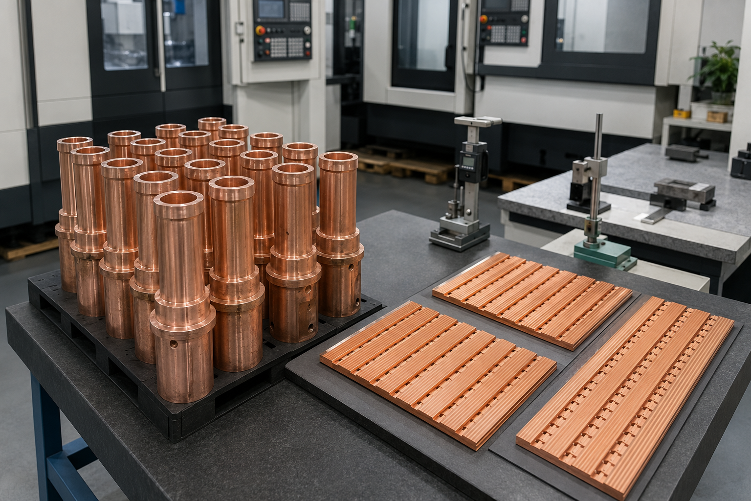 Copper CNC machined cylindrical and flanged components
