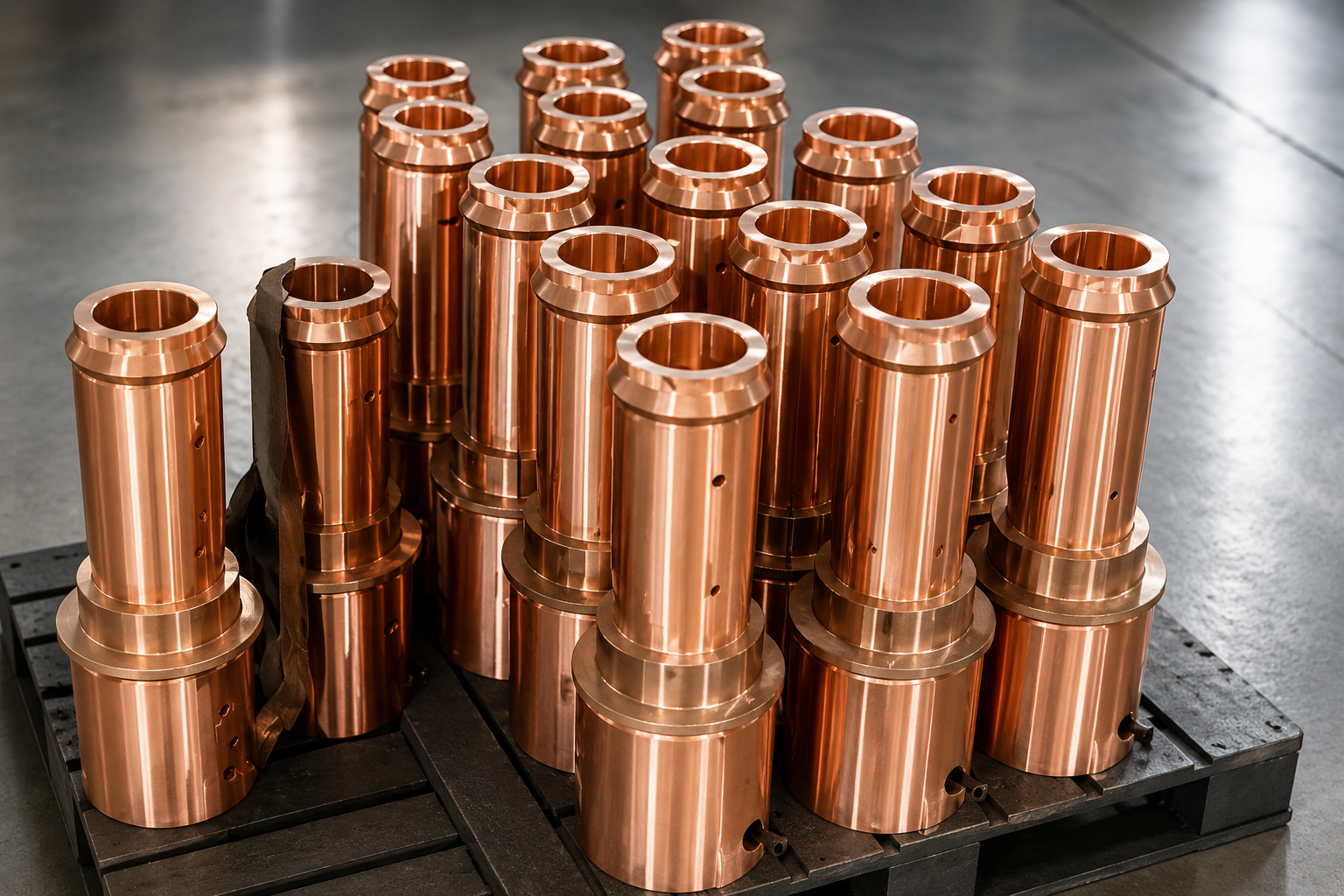 Rows of copper-colored slotted machined parts beside a CNC machine