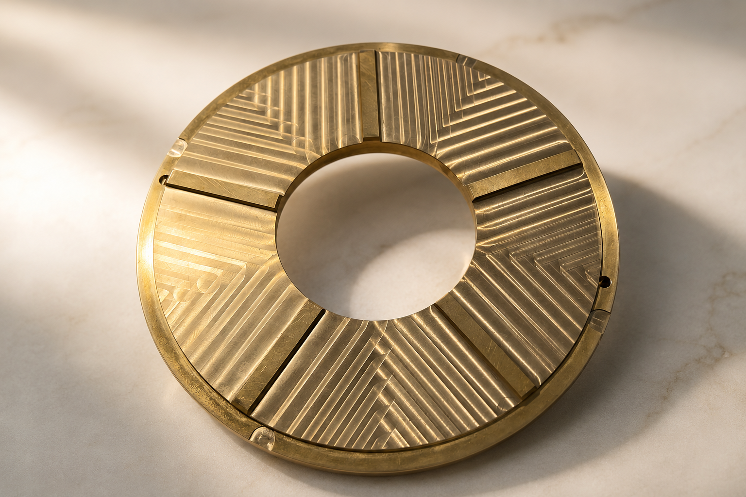 Technical blueprint drawing of a complex brass machined component with dimension lines