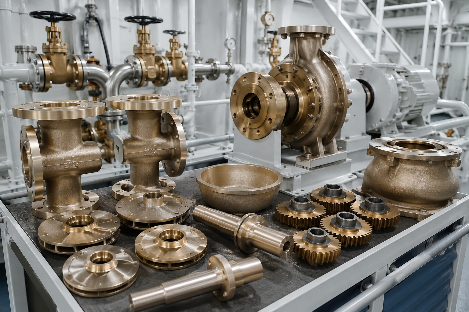 Client-supplied photo of machined bronze valve-shaped components with flanged faces
