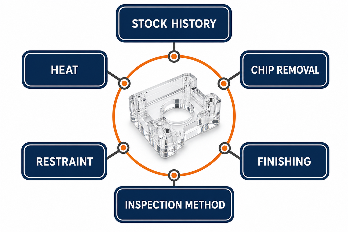 PMMA machining state links stock history, heat, chip removal, restraint, finishing, and inspection