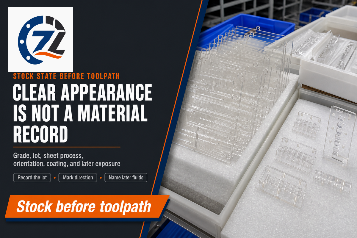 PMMA machining trials begin with grade, lot, supply form, orientation, and exposure records