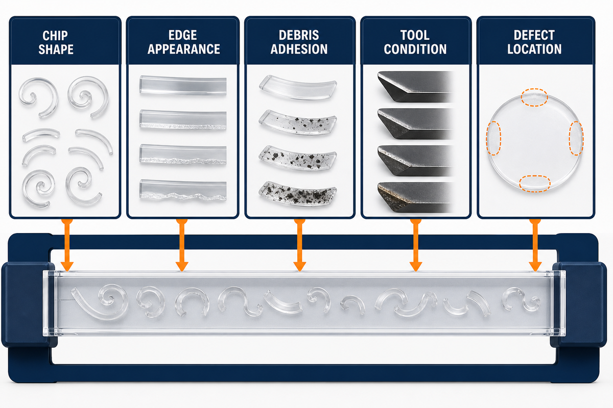 Observe chip shape, edge appearance, debris, tool condition, and defect location before changing PMMA settings