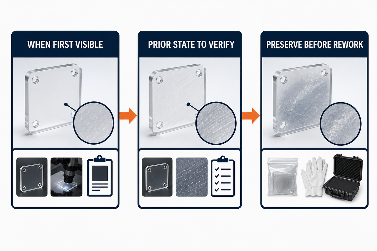 A PMMA surface-failure timeline records first visibility, a prior state to verify, and evidence preserved before rework