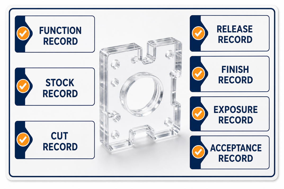The PMMA acceptance passport keeps function, stock, cut, release, finish, exposure, and acceptance records together
