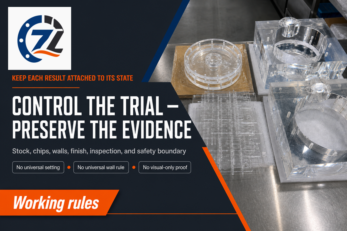 PMMA machining working rules connect stock identity, heat evidence, support, trials, inspection, and dust assessment