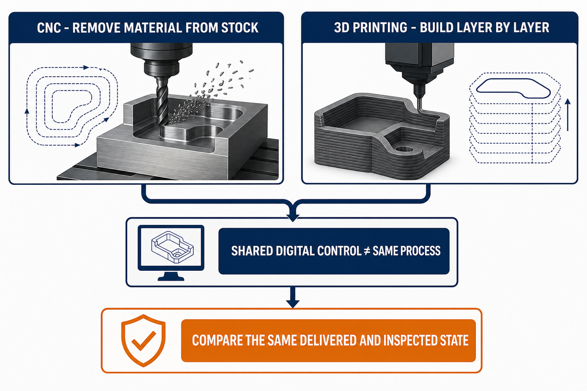 CNC machining and 3D printing material flow comparison