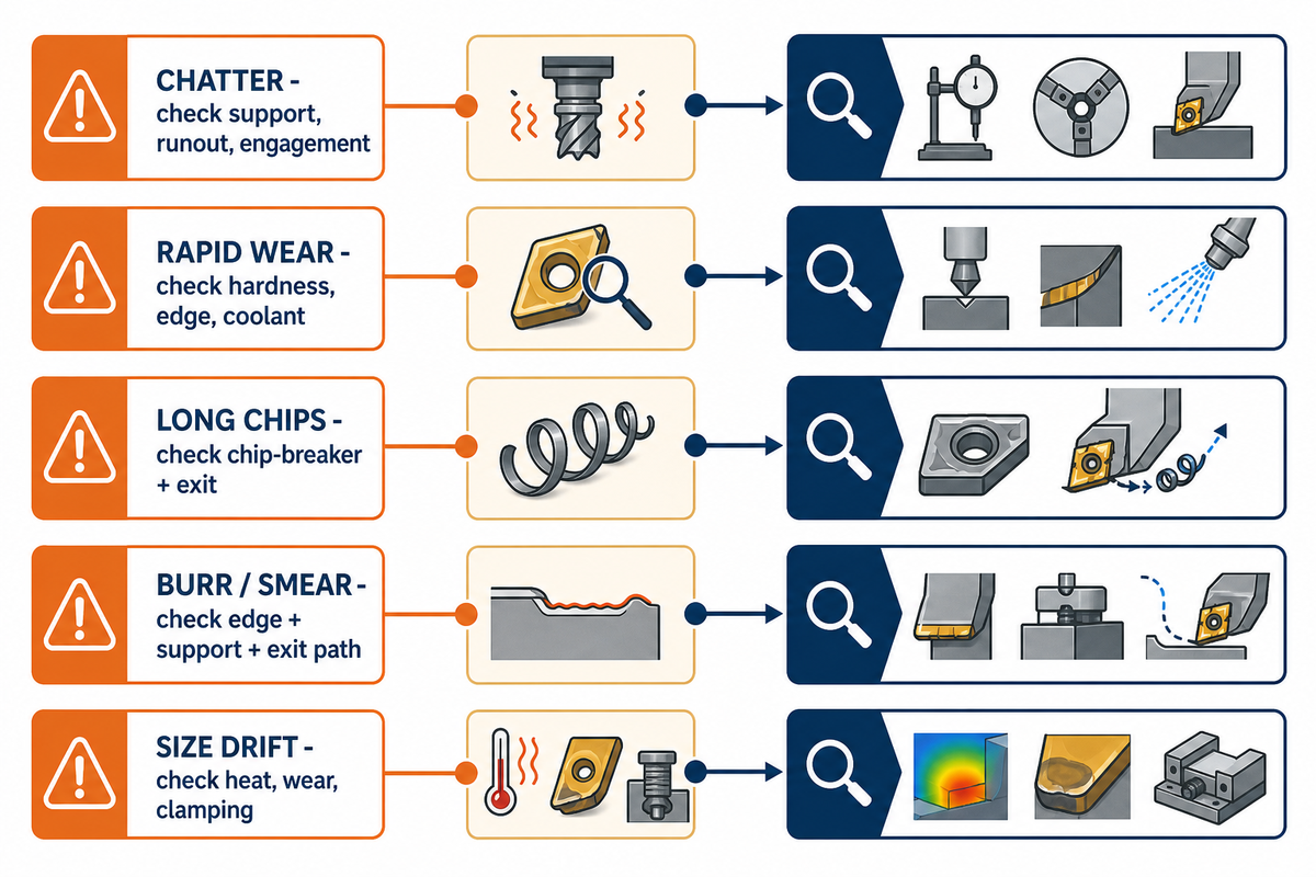 Alloy Steel Machining Troubleshooting: Symptom to Next Check