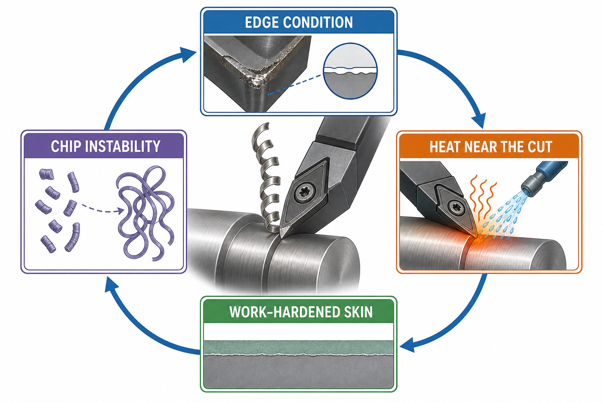 Heat, work hardening, adhesion, and chip instability reinforce one another during stainless machining.