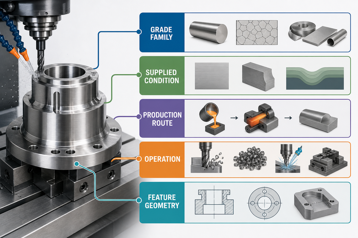 Stainless machinability comparisons require family, condition, route, operation, and feature context.