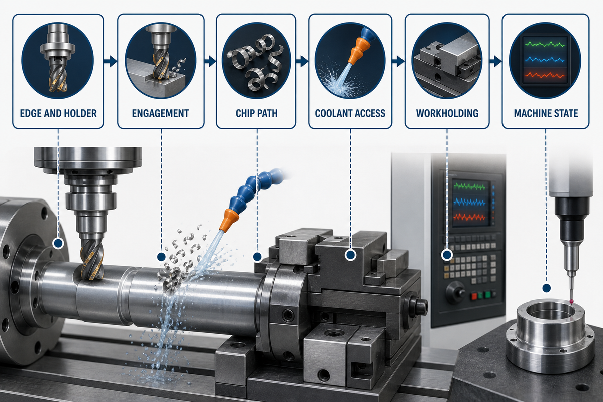 A stable stainless cut joins edge, engagement, chip path, coolant access, workholding, and machine state.