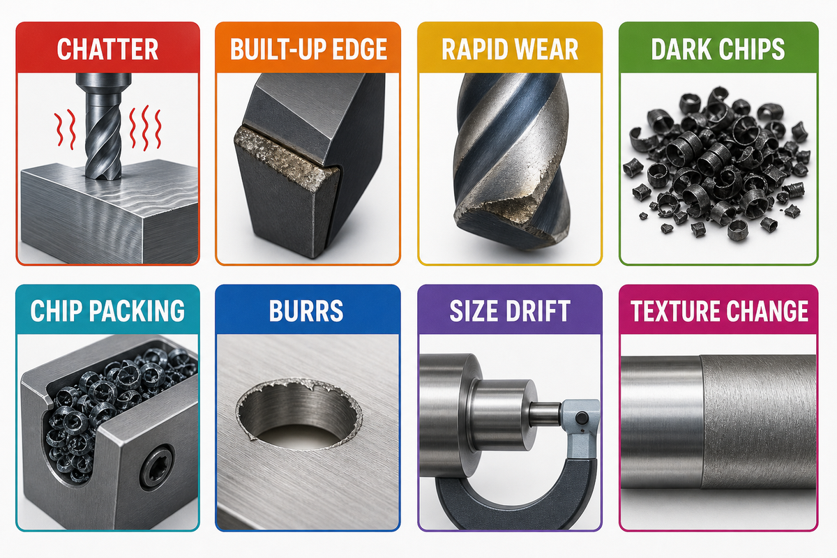 Eight stainless machining signals include chatter, built-up edge, wear, chip heat, packing, burrs, drift, and texture change.