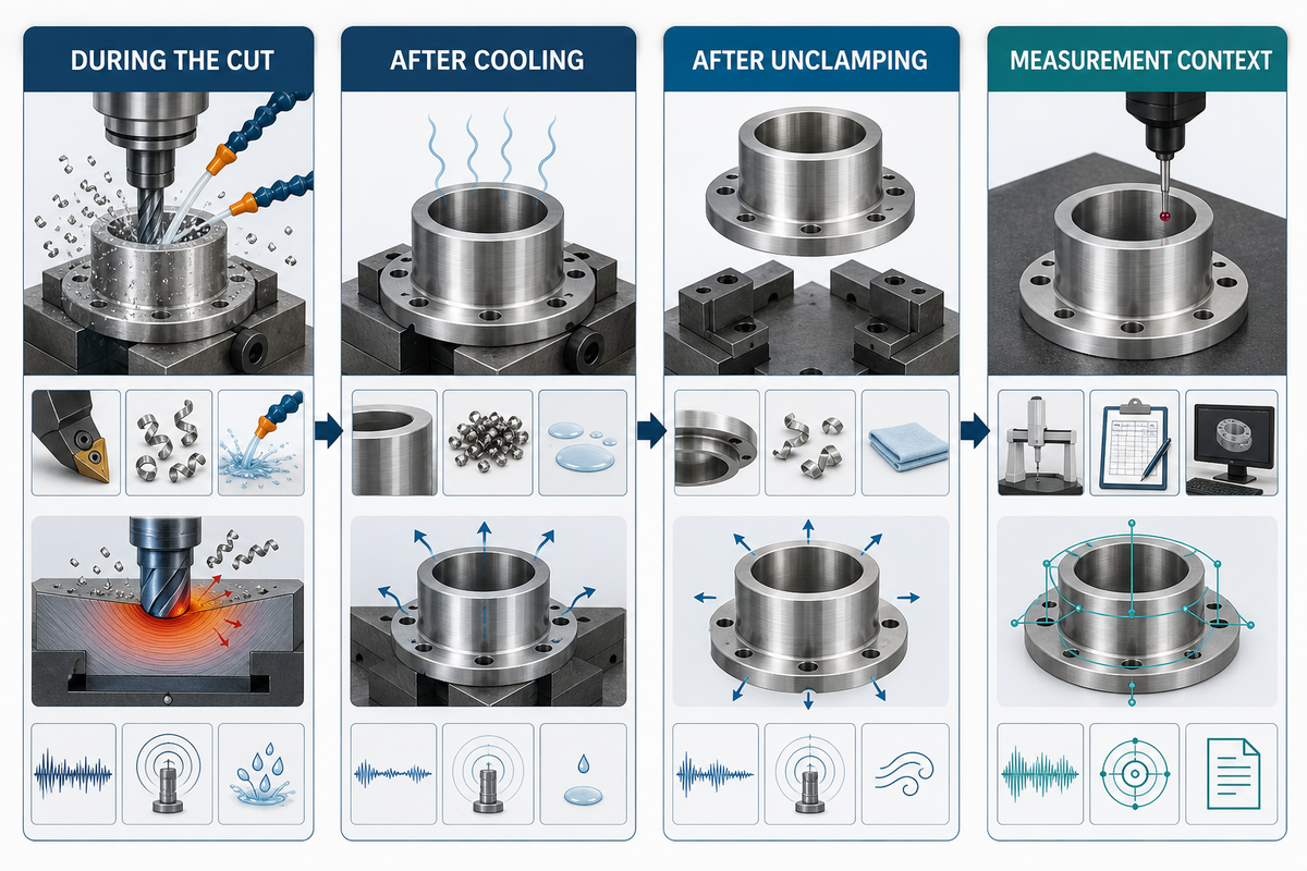 Dimensional movement should be tracked during cutting, after cooling, after unclamping, and across measurement setups.