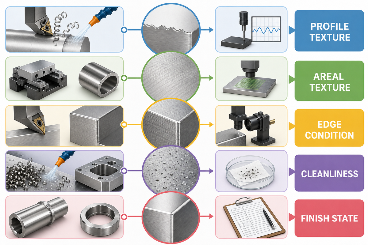 Surface integrity review separates profile texture, areal texture, edge condition, cleanliness, and finish state.