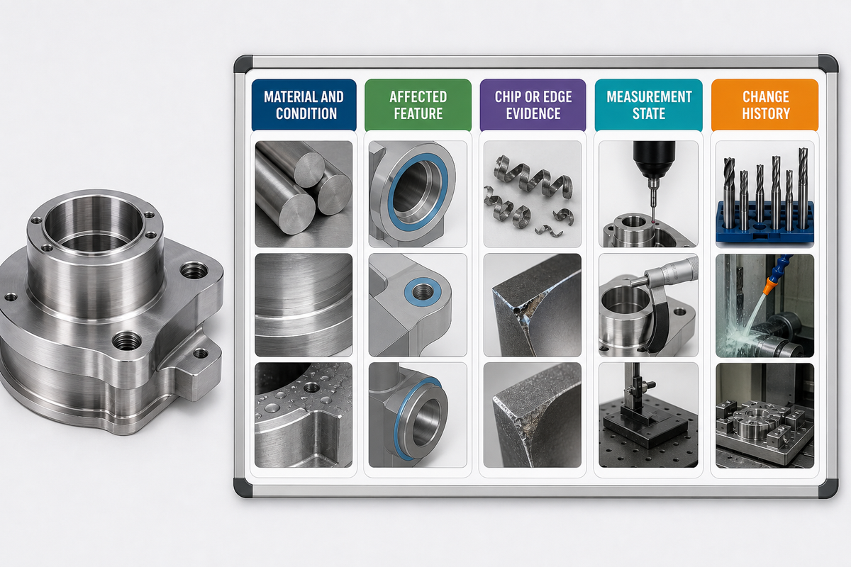 Production review handoff for a stainless machining issue: material, feature, evidence, measurement state, and change history.