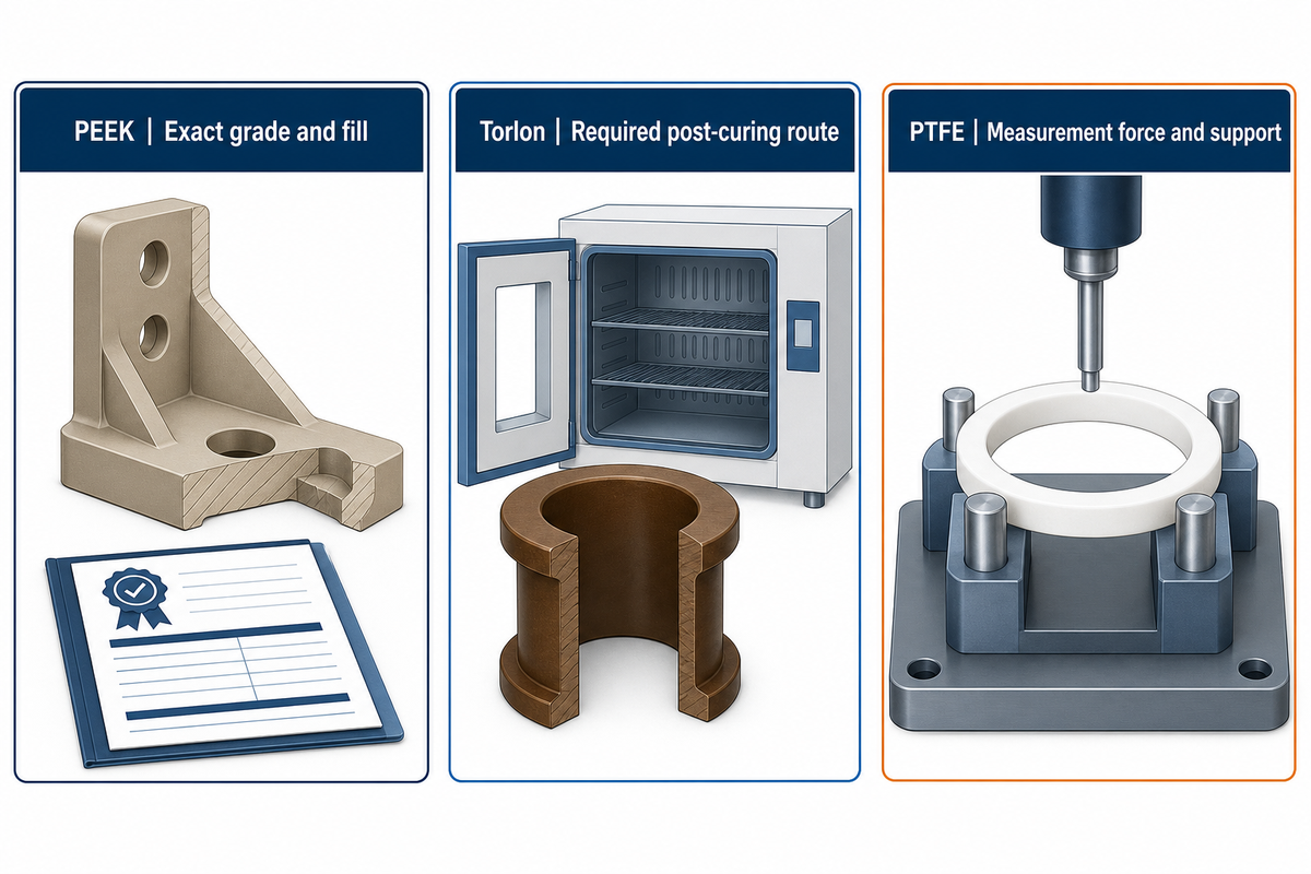 Apresenta três questões de processo distintas para PEEK, Torlon e PTFE, sem tratar os plásticos de alto desempenho como materiais intercambiáveis.