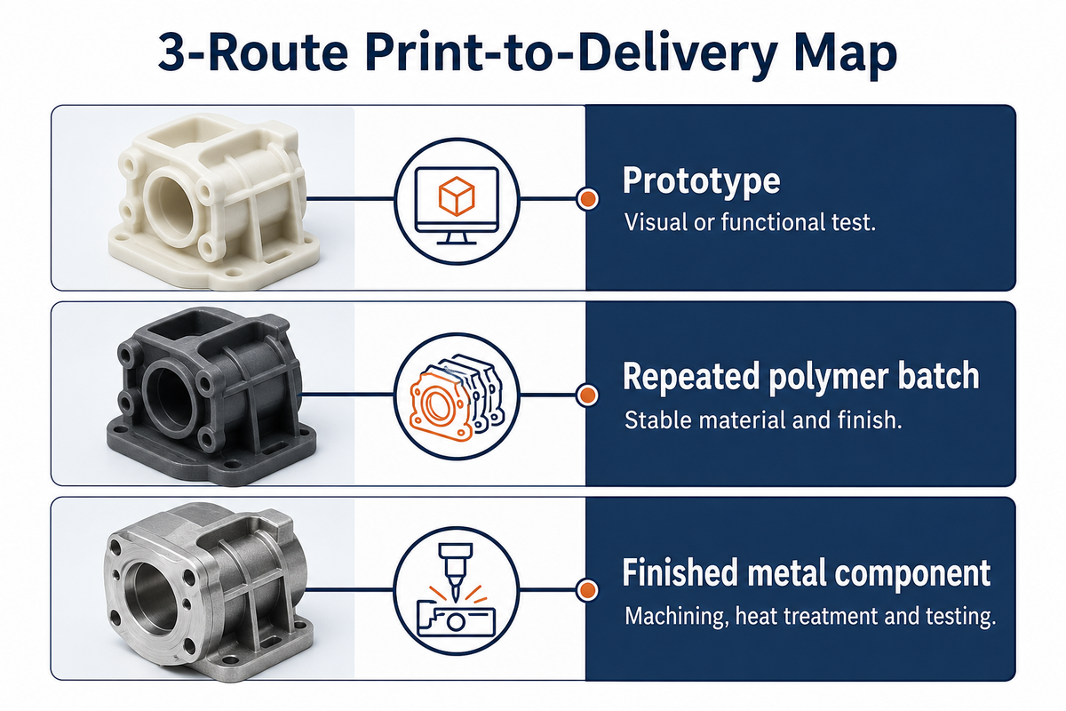 Three delivery routes distinguish prototypes, repeated polymer batches and finished metal components.