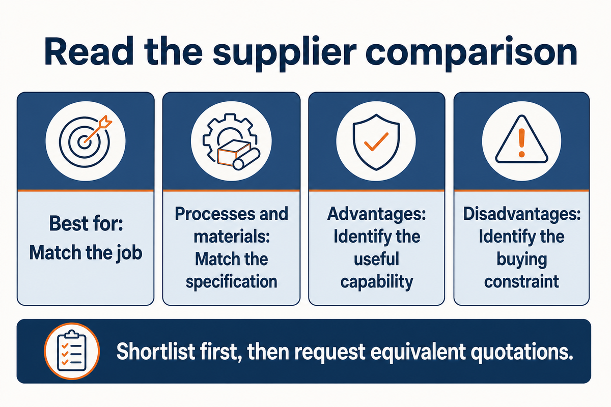 Use process, material, advantages and buying constraints to interpret the twenty-company comparison.