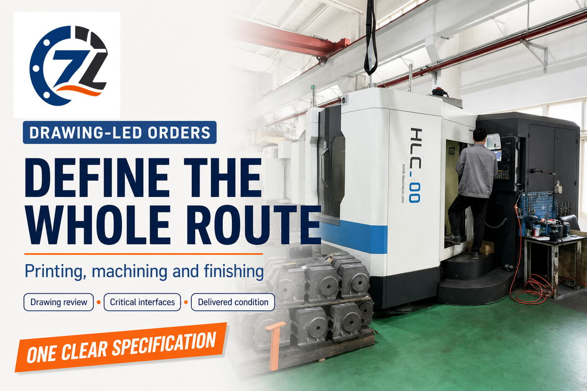 Drawing-led orders define printing, machining and finishing together, with critical interfaces specified.
