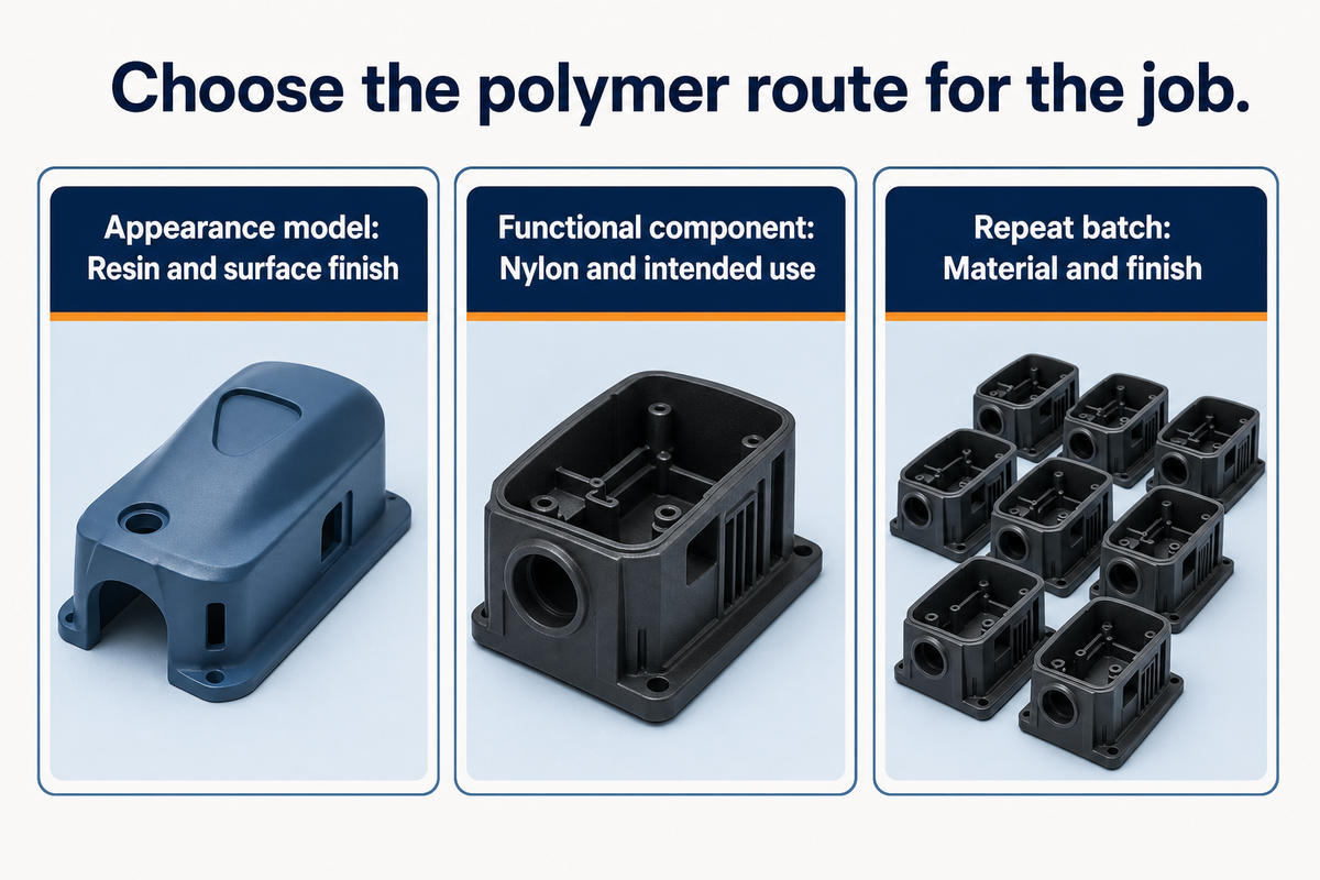 Polymer route selection separates appearance models, functional nylon parts and repeat-batch requirements.