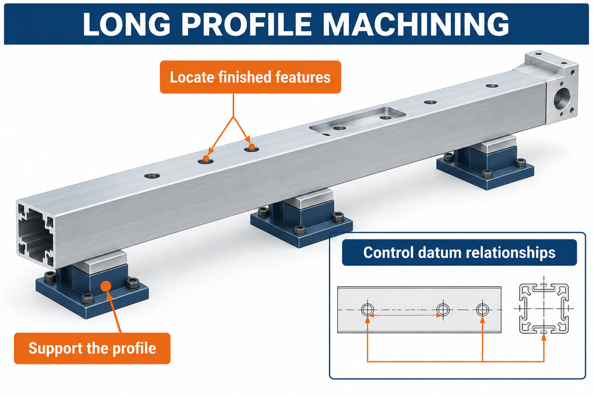 Long-profile machining depends on support, finished feature positions and datum relationships.