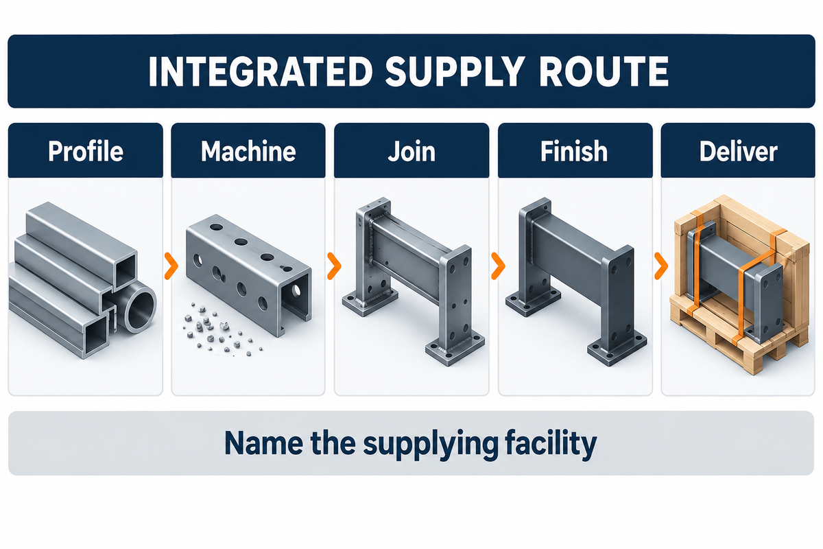 An integrated supply route coordinates profile, machining, joining, finishing and delivery at named facilities.