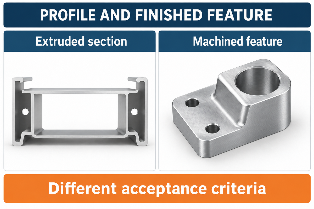 Extrusion cross-section requirements and machined feature acceptance criteria must be specified separately.