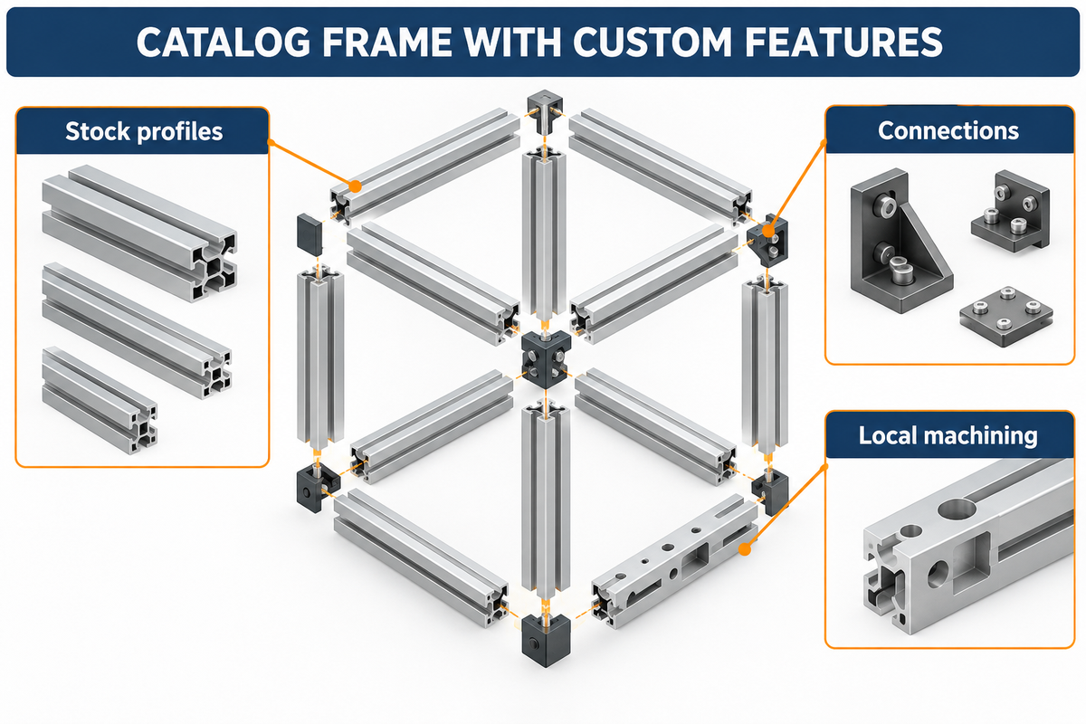 A catalog framing system combines standard profiles, connections and local custom machining.