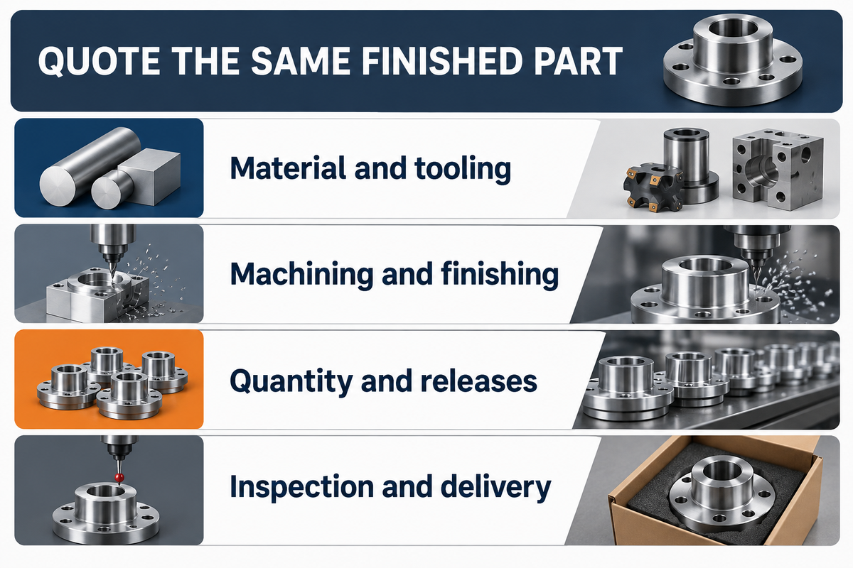 A comparable quotation states material, tooling, operations, quantity, inspection and delivery.
