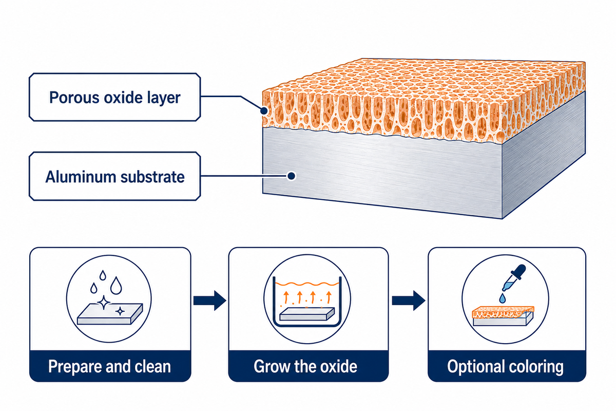 Mostra que o revestimento se forma a partir do alumínio e que a coloração é uma etapa opcional separada.