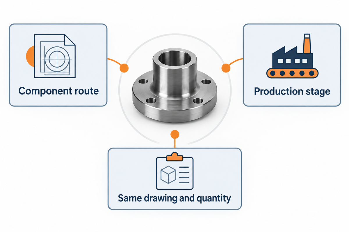 Supplier fit follows component route, production stage and identical drawing and quantity; company-scope comparison.