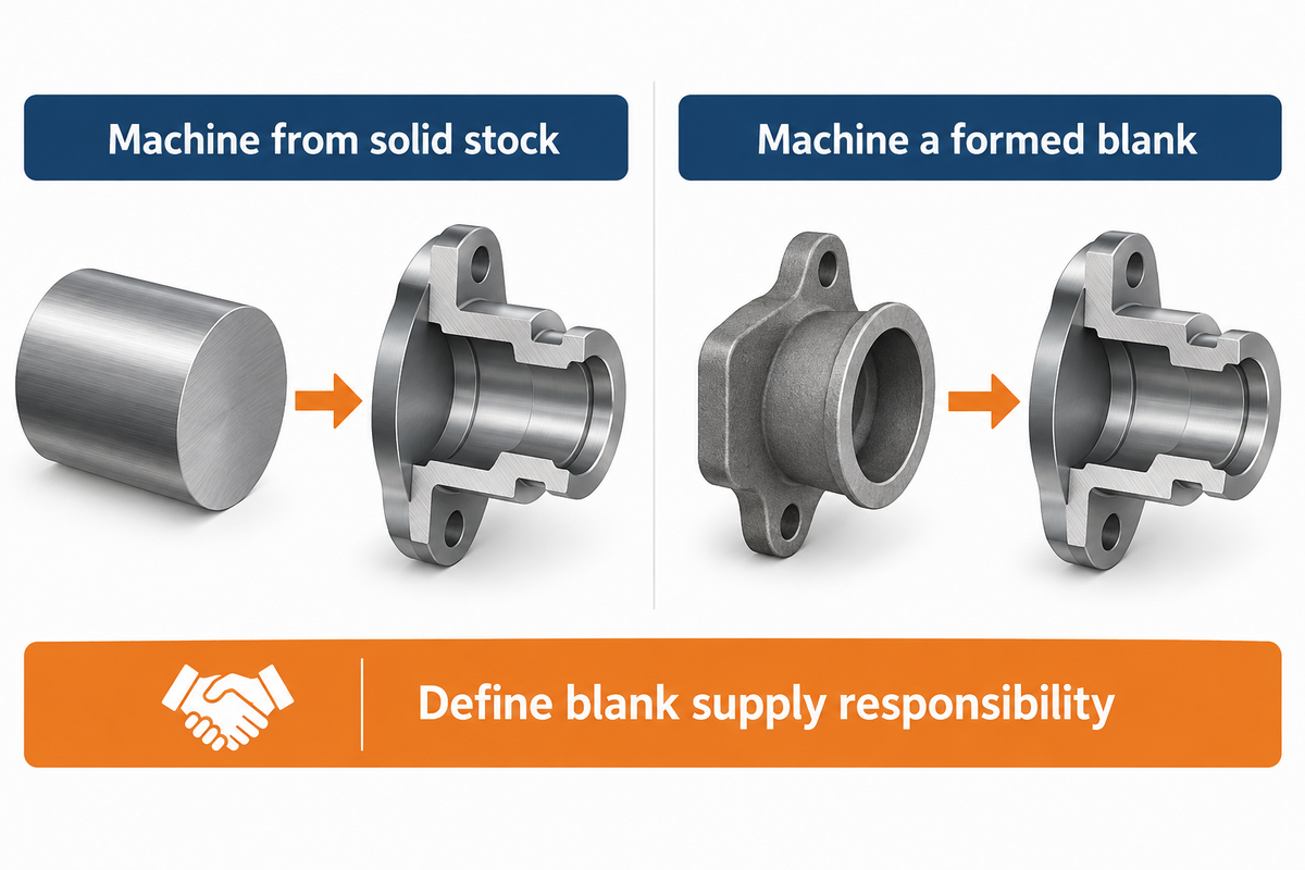 Solid-stock and formed-blank machining have different supply responsibilities; Ryobi and Stecker official process scope.