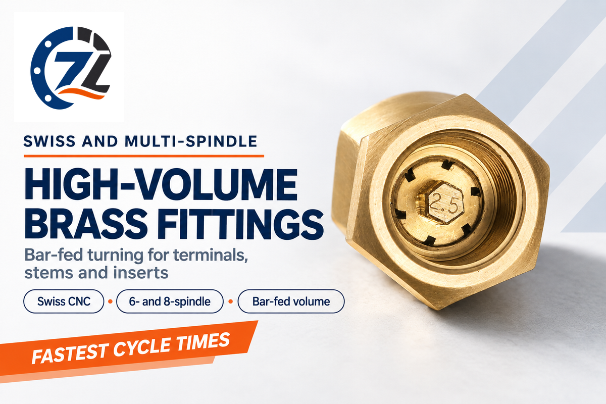 Swiss and multi-spindle shops turn high-volume brass fittings, terminals, stems and inserts from bar stock.