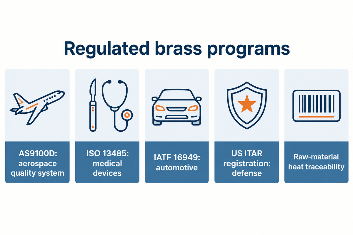 Regulated brass programs call for AS9100D, ISO 13485, IATF 16949, US ITAR registration and raw-material heat traceability.
