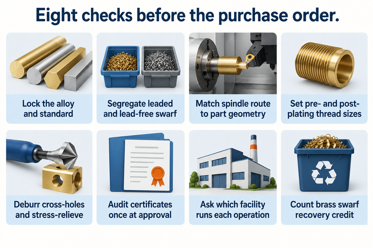 Eight checks before ordering brass CNC parts: alloy, swarf segregation, spindle route, plating, deburring, certificates, facility and swarf credit.