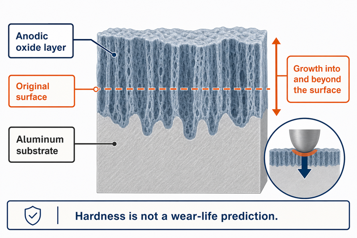 Hardcoat grows into and above the original aluminum surface; hardness alone does not predict contact wear.