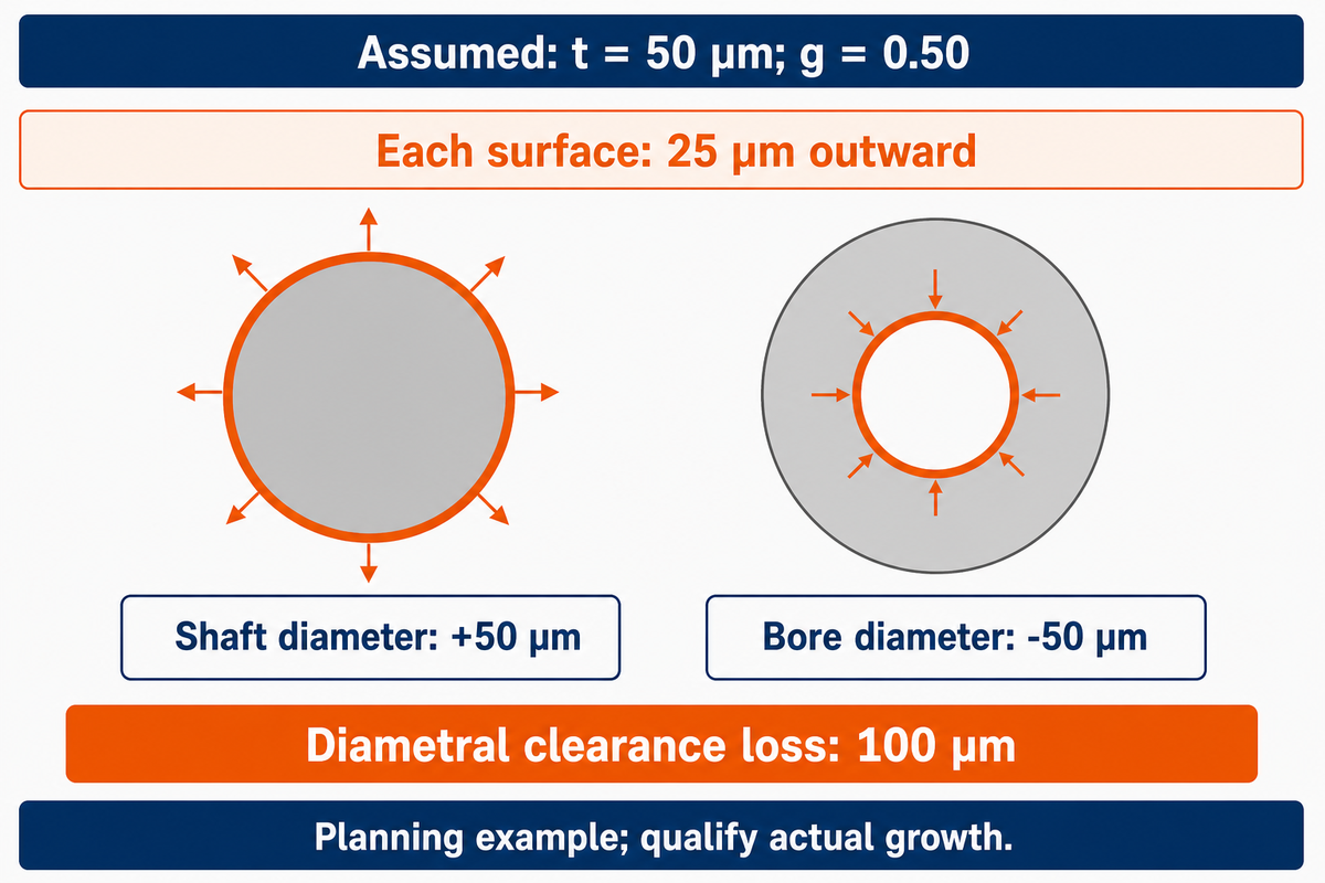 Assuming 50 µm films and g=0.50, shaft and bore lose 100 µm diametral clearance (NASA-based geometry).