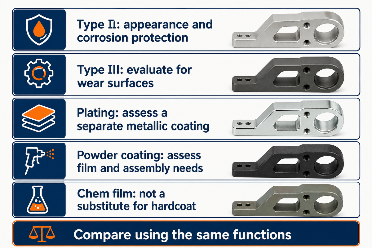 Type II, Type III, plating, powder and conversion coatings address distinct surface functions.