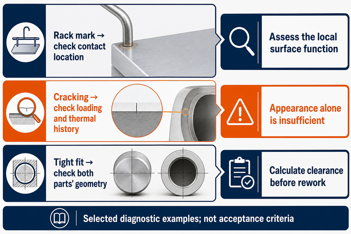 Rack marks, cracks and tight fits need different first checks; selected NASA/QUALANOD-based diagnostic synthesis.