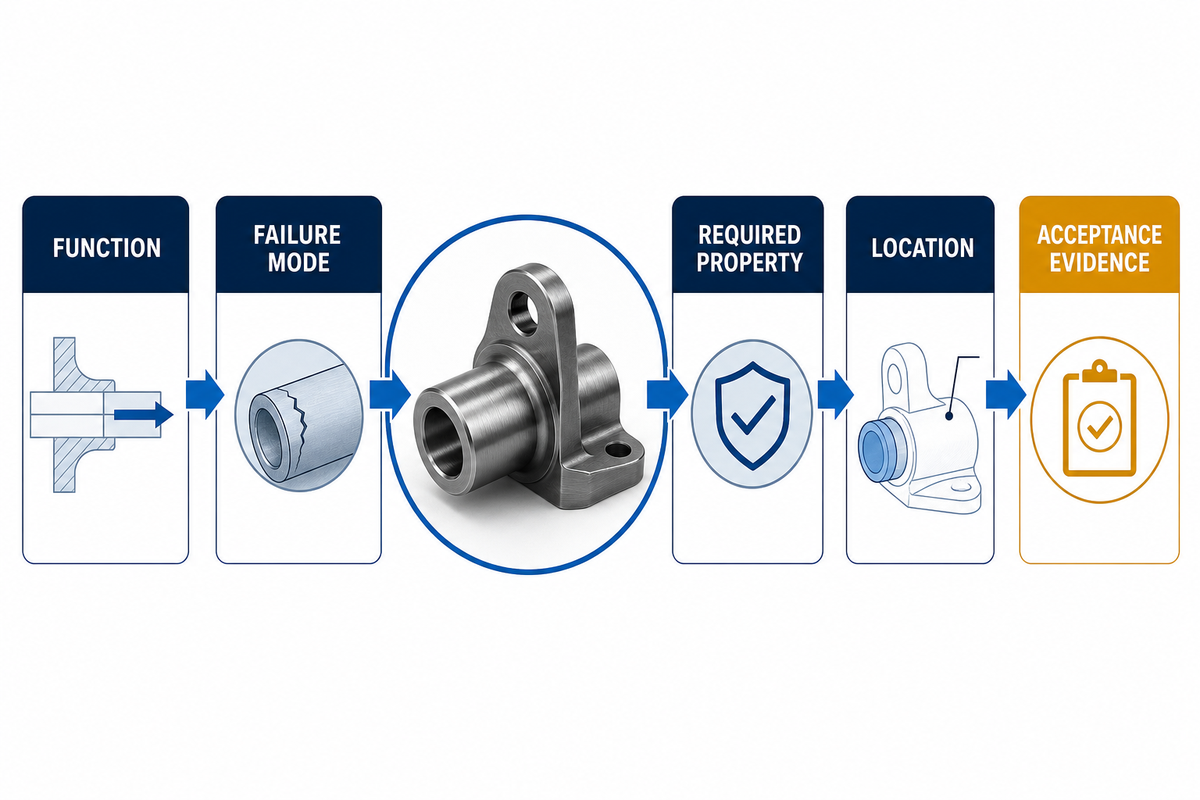 Property-to-evidence chain from function and failure mode to required property, location, and acceptance evidence.