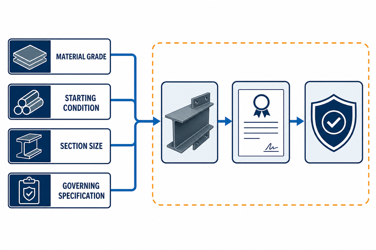 Confirm material grade, starting condition, section size, and governing specification before heat treatment.