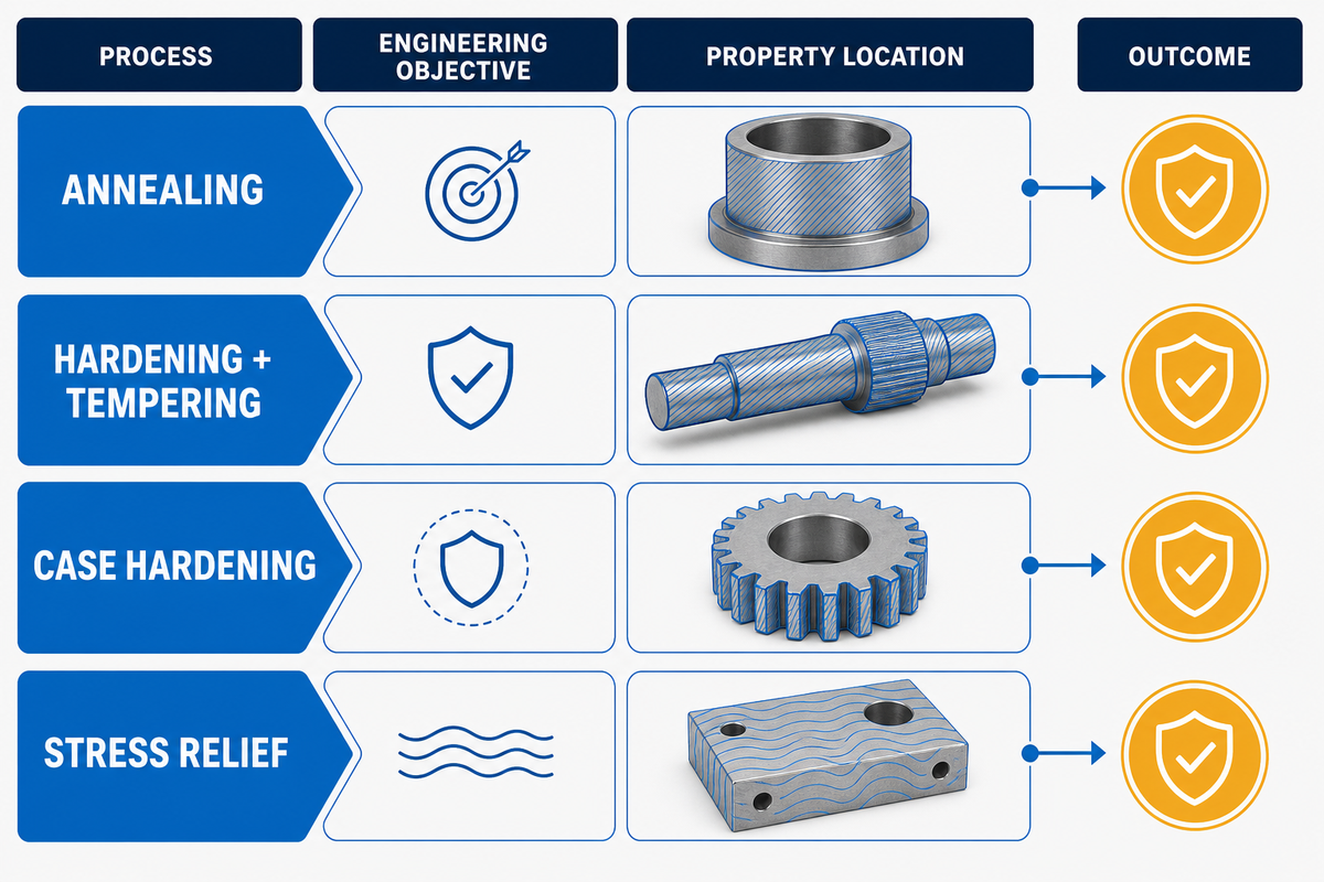 Heat treatment process families compared by engineering outcome and property location.