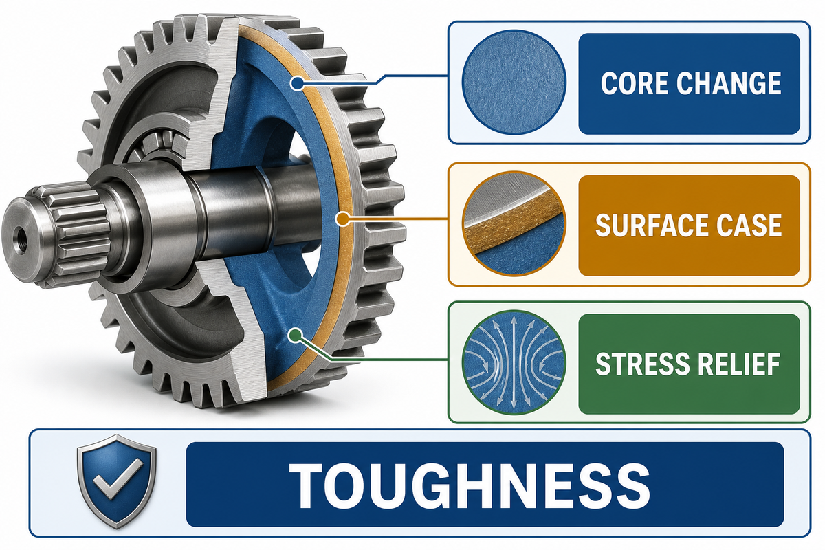 Cutaway decision view for core change, surface case, stress relief, and toughness.