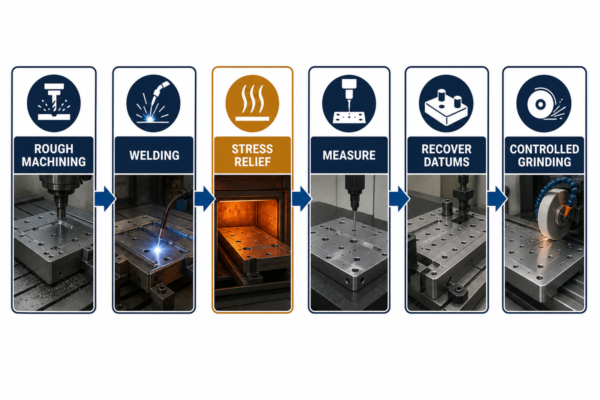 Manufacturing sequence around heat treatment, measurement, datum recovery, and finish grinding.